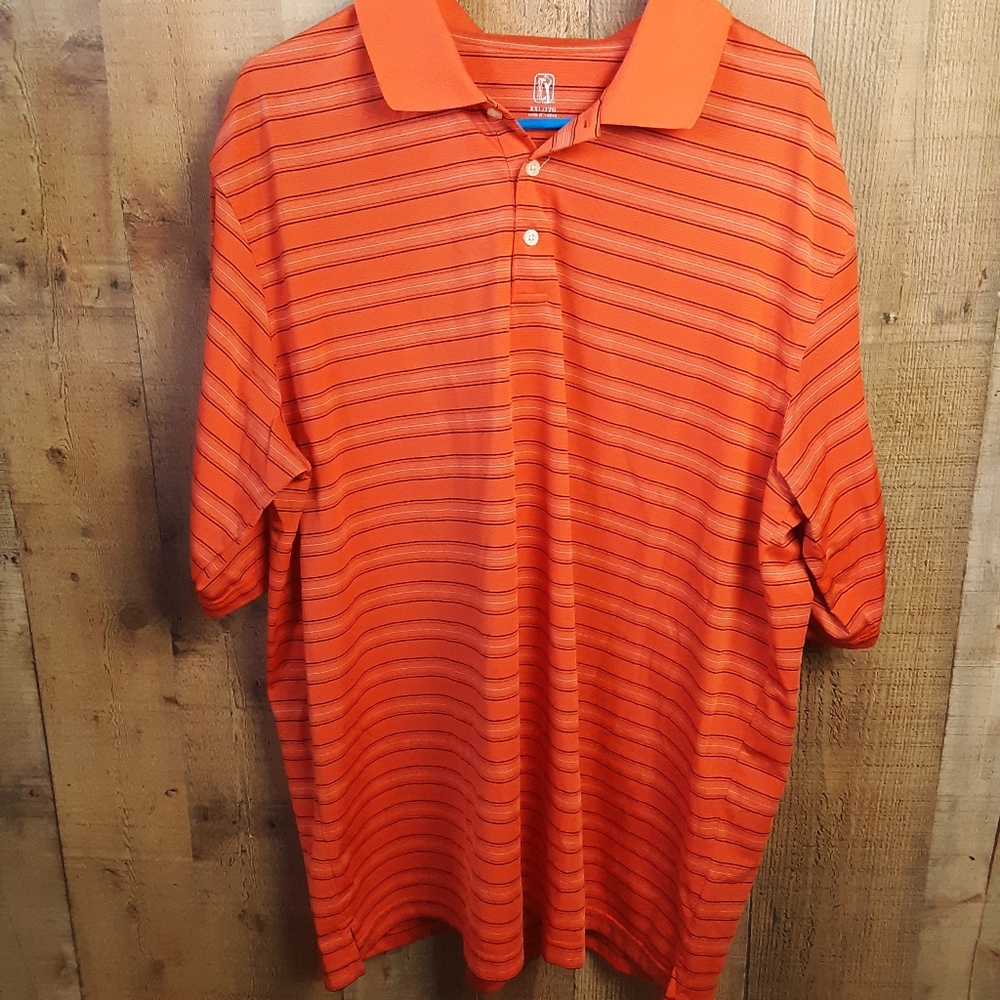 PGA Tour Mens Activewear Top Orange Size XXL Stripe Print Golf Polo